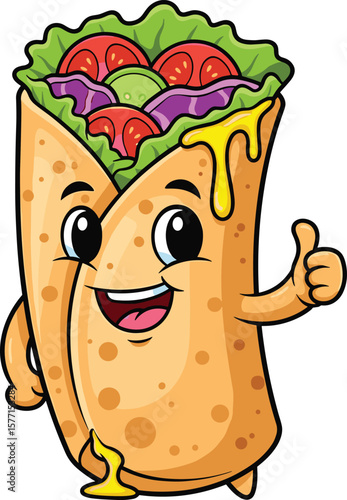 Funny cartoon burrito character with vegetables, cheese, smiling face, thumbs up, Mexican food mascot, kids illustration, healthy lunch wrap vector art