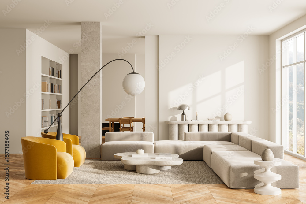 Φωτογραφία Modern minimalist living room interior with beige sectional sofa, yellow armchairs, and sculptural decor accents in bright natural lighting concept