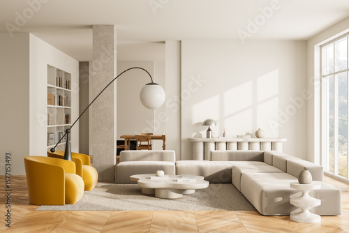 Foto Modern minimalist living room interior with beige sectional sofa, yellow armchairs, and sculptural decor accents in bright natural lighting concept