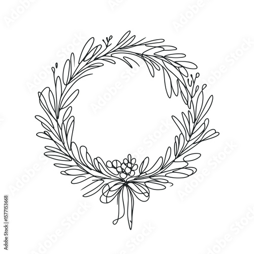 Line art illustration of a decorative Christmas wreath with bow and pine cones, black and white holiday decor concept with copy space