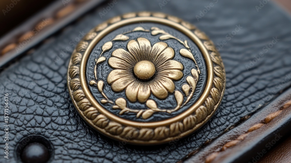 Fototapeta premium Close-up of ornate gold floral button on leather.