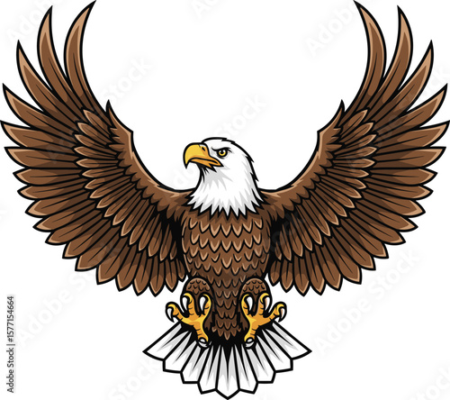 Fierce bald eagle cartoon with wings spread wide, powerful bird of prey illustration, patriotic American symbol, vector animal mascot, wildlife emblem design