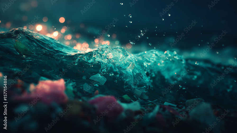Fototapeta premium floating plastic and microplastic pollution in ocean water — conceptual image for environmental campaigns, marine pollution awareness, sustainability presentations, and educational use
