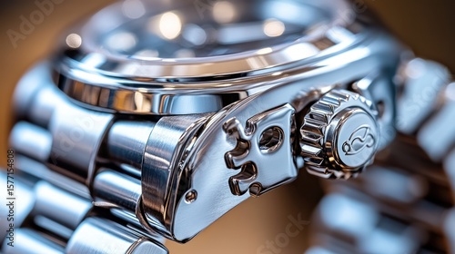 Close-up of a polished stainless steel wristwatch with a unique crown guard and bracelet.