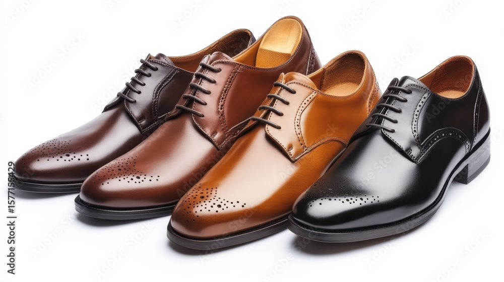 Three pairs of classic men's leather shoes in brown, tan, and black, showcasing elegant design and craftsmanship. Three pairs of classic men's leather shoes in brown, tan, and black, showcasing elegant design and craftsmanship.