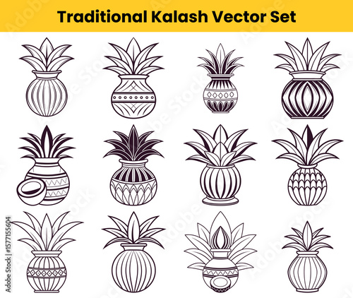 Traditional Kalash Illustrations Hindu Pot Symbols with Leaves and Coconut Design