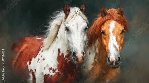 Two beautiful horses with distinct coats stand together in a dramatic setting under moody lighting