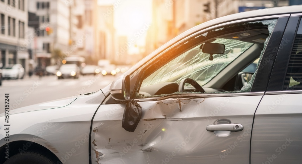 Fototapeta premium A damaged white car after a traffic accident on a city street at sunset. Concept of insurance claim and repair.