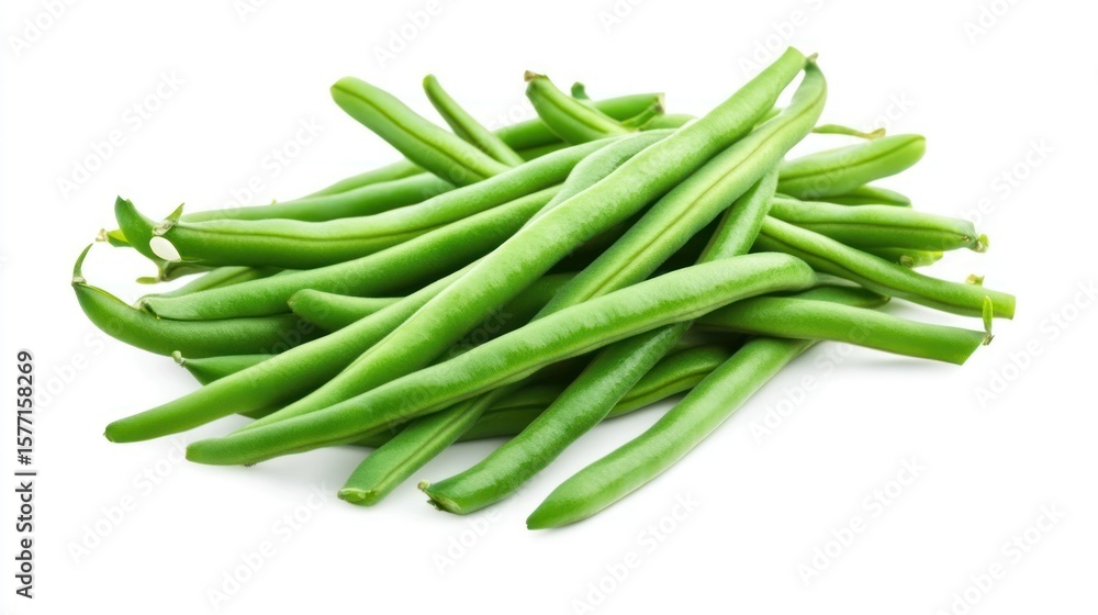 Fresh green beans piled on white background Fresh green beans piled on white background