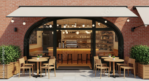 The inviting exterior of a cafe with a large arched glass entrance, outdoor seating, and a brick facade
