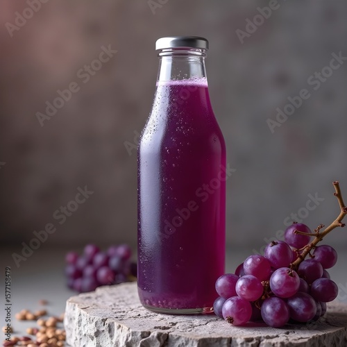 Refreshing purple grape juice in a glass bottle with fresh grapes and scattered seeds