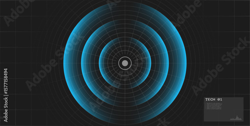 Radar screen. Wifi range. Sound wave. Signal concentric circle. Round light effect. Radio station signal. Water ripple with circle waves. A place or a painful point. Vector effect.