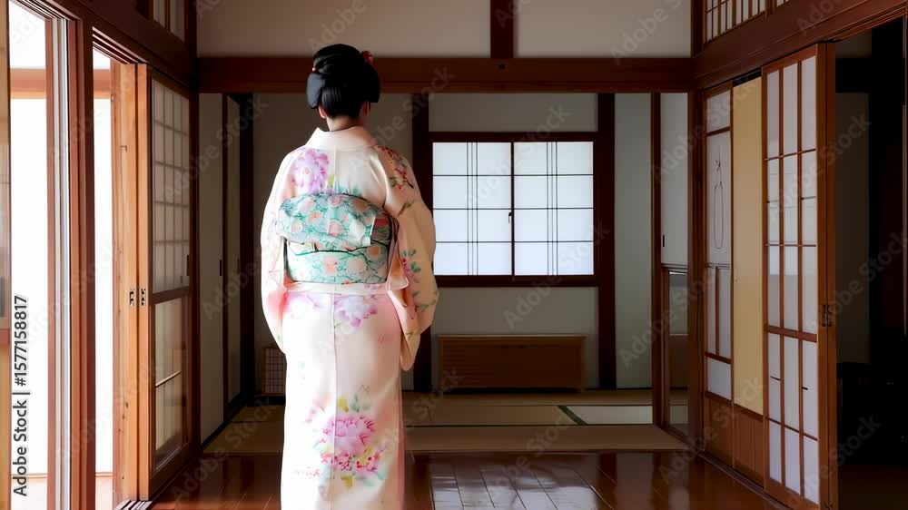 Woman in traditional Japanese kimono, facing away, within a light-filled wooden interior Woman in traditional Japanese kimono, facing away, within a light-filled wooden interior
