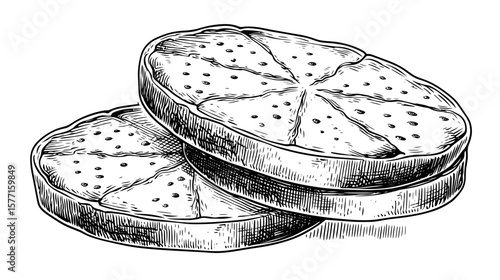 Hand-drawn flatbread with engraved patterns, isolated on transparent background