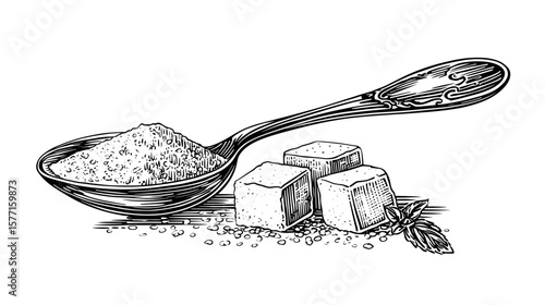 Yeast granules and cubes arranged on a spoon with sugar, isolated on transparent background