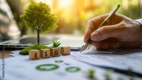 A hand signs documents beside a small tree and wooden blocks spelling 
