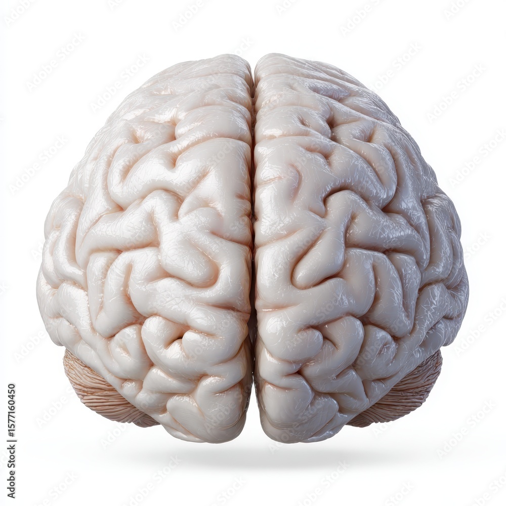 Naklejka premium Detailed top view of a realistic human brain with intricate gyri and sulci isolated on white background