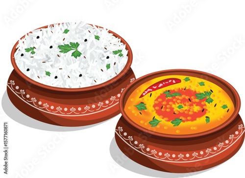 Delicious Dal Rice or Dal Chawal in handi Vector Illustrtration (Royalty Free)