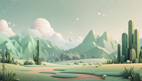 Pastel Minimalist Landscape of Green Rolling Hills