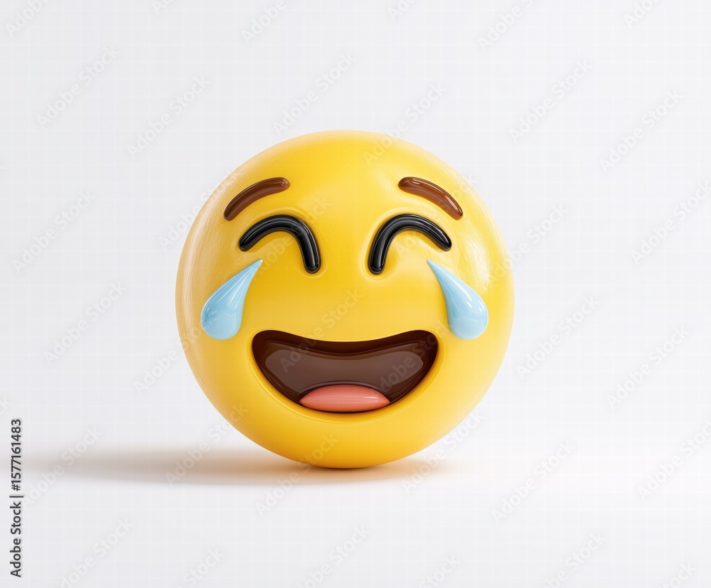 Fototapeta premium 3D Crying Laughing Emoji with Tears on White Background for Social Media Day, Viral Reaction Stickers and Digital Event Expression