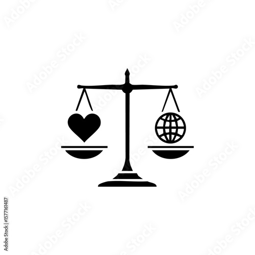 Symbolic vector of a balanced scale with a heart and globe, representing ethical choices, global responsibility, or emotional vs. rational decision-making.

