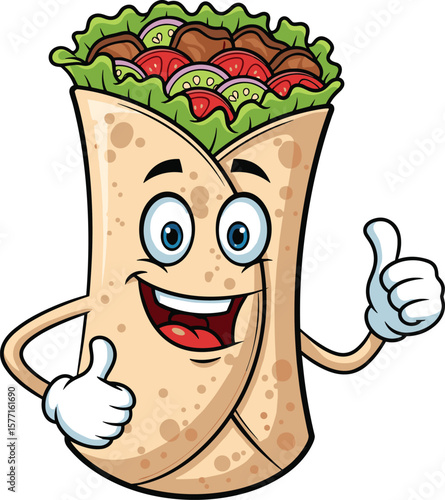 Cartoon burrito mascot character smiling, happy Mexican wrap food illustration, funny tortilla with thumbs up, fast food vector artwork, restaurant logo design.