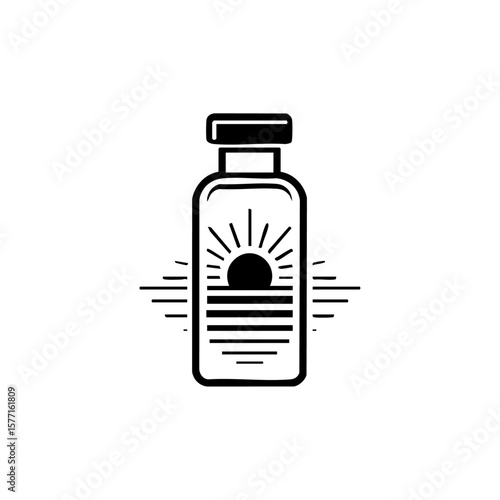 Stylized bottle icon with a sun rising label, symbolizing hope, health, and a new beginning through medical innovation.
