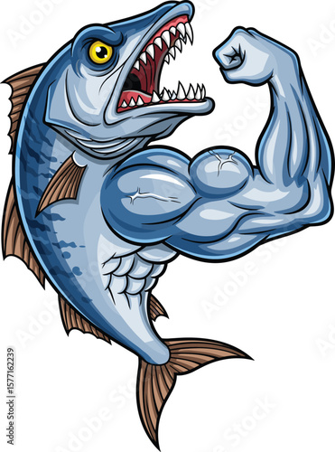Strong fish mascot cartoon character, muscular aquatic animal illustration, aggressive sea predator flexing arm, sports logo, fierce ocean creature vector design artwork.