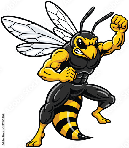 Strong hornet mascot, muscular wasp cartoon character, aggressive flying insect, superhero bug vector, yellow black bee warrior, sports logo, powerful insect illustration.