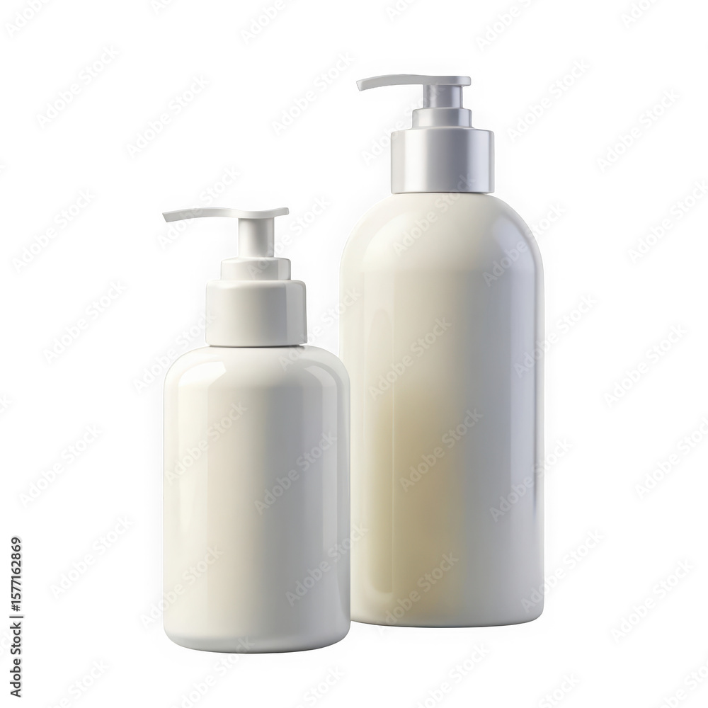 Two elegant white bottles with silver pump dispensers, showcasing simplicity and modern design. Ideal for skincare or cosmetic products. Two elegant white bottles with silver pump dispensers, showcasing simplicity and modern design. Ideal for skincare or cosmetic products.