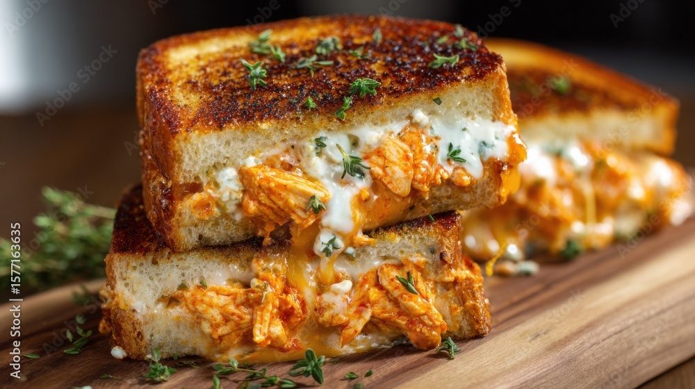 Close-up of a delectable sandwich with chicken fillings, presented on a wooden cutting board. It's a mouthwatering shot, designed to make the viewer feel hungry. Close-up of a delectable sandwich with chicken fillings, presented on a wooden cutting board. It's a mouthwatering shot, designed to make the viewer feel hungry.