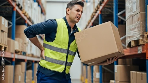 Warehouse worker experiencing back pain while lifting a heavy cardboard box among shelves.