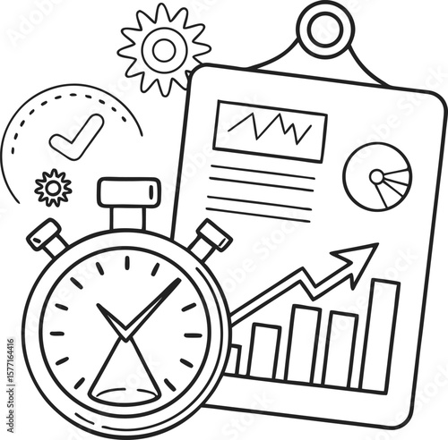 Timeless business concepts converge as a clock's iconic hour and minute hands race against a deadline, symbolizing the relentless pursuit of money and productivity