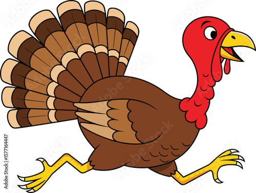 Funny cartoon turkey running – colorful Thanksgiving bird illustration with red wattle, brown feathers, yellow legs, and cheerful expression in motion