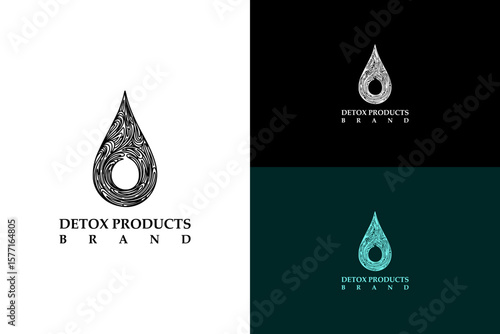 vector illustration of water droplet made with swirling curved lines, logo for natural, juice cleanse, organic, botanical detox, toxin removal, health, wellness, fitness, detox products brand and more