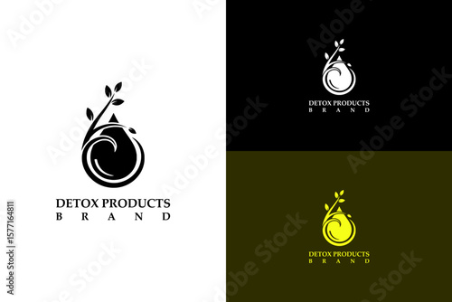 illustration of droplet wrapped in a curved spiral vine line, vector logo for botanical detox, fitness, body health, wellness, natural, herbal treatment, organic, detox products brand, and more