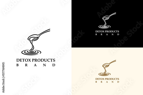 illustration of spoon pouring liquid that forms a swirl, vector logo for juice cleanse, toxin removal, herbal treatment, organic, health, fitness, wellness, natural, detox products brand, and more