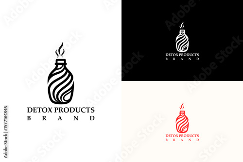 vector illustration of detox bottle with swirling curved lines, logo for detox products brand, herbal products, organic, natural, botanical detox, wellness, healthy, toxin removal, and more