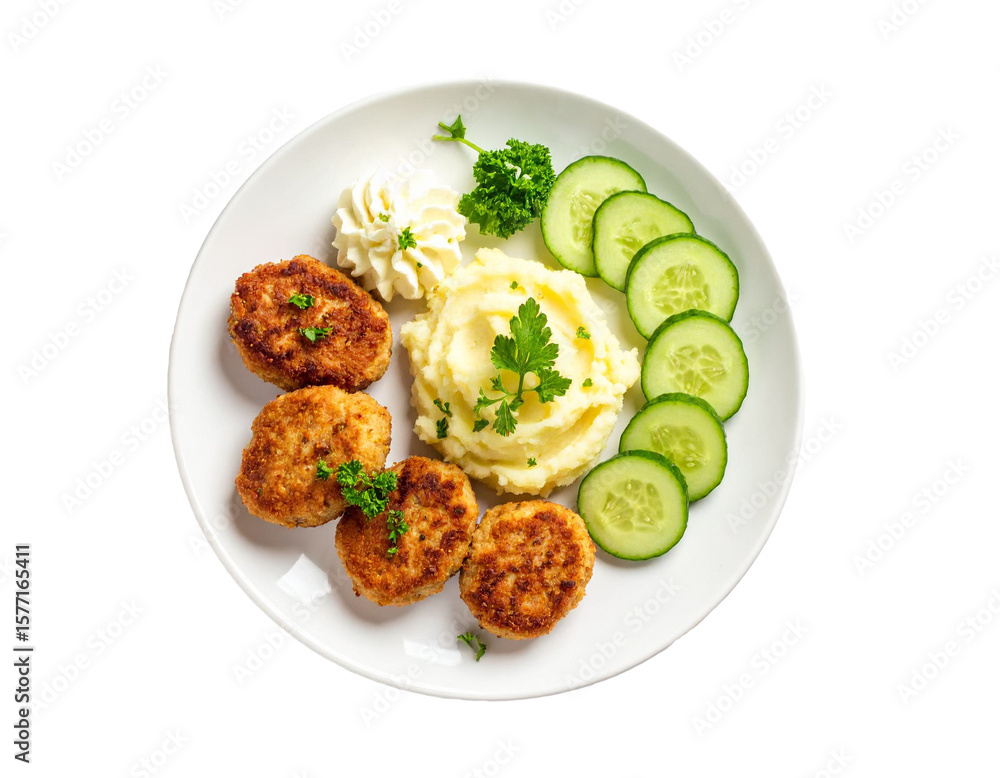 Fried Cutlets with Mashed Green Peas and Cucumber Slices on Plate Isolated on Transparent Background Fried Cutlets with Mashed Green Peas and Cucumber Slices on Plate Isolated on Transparent Background