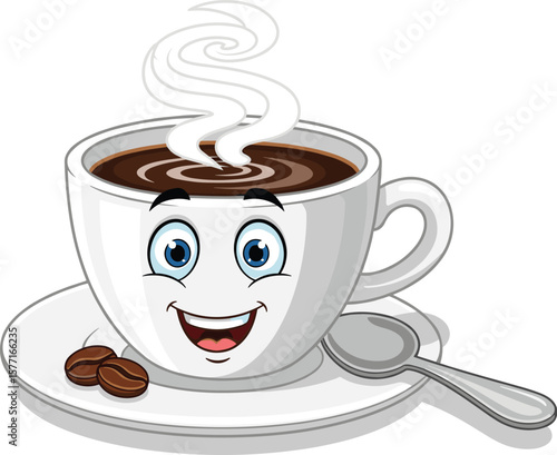 Happy coffee cup cartoon – cute espresso mug with face, steaming hot drink, cheerful expression, breakfast icon, fun beverage illustration