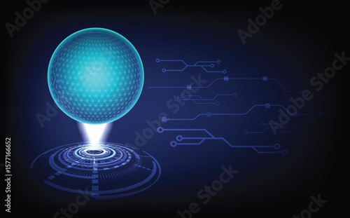 Futuristic global communication network with digital sphere, abstract blue background, internet connectivity lines, and cyberspace design representing modern business, technology, innovation systems.