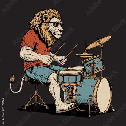 Lion Playing Drums – Funny Animal Musician Vector Illustration