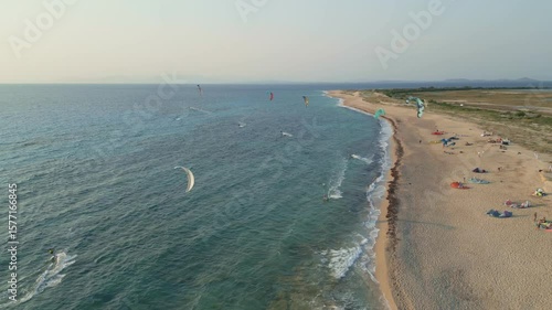 Kitesurfers Enjoying a Windy Day on a Sandy Beach – Aerial View, Lefkada Island