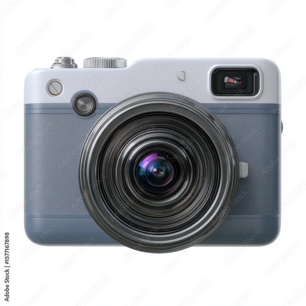 Close up front view of a modern retro style digital camera with a large lens isolated on white background Close up front view of a modern retro style digital camera with a large lens isolated on white background