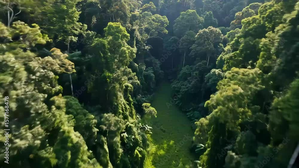 Aerial View of a Lush Green Forest Canopy Revealing Natural Pathways with Sunlight and Shadow Play Aerial View of a Lush Green Forest Canopy Revealing Natural Pathways with Sunlight and Shadow Play