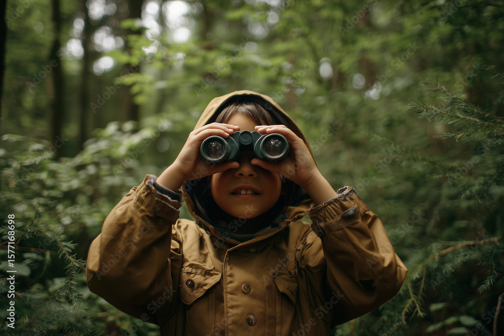 Obraz premium Exploring the forest with binoculars from a low vantage point
