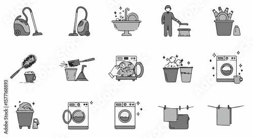 Collection of cleaning and laundry icons representing various household chores