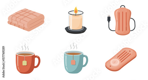 Cozy comfort essentials cartoon set, featuring blanket, candle, tea mugs and heating pad