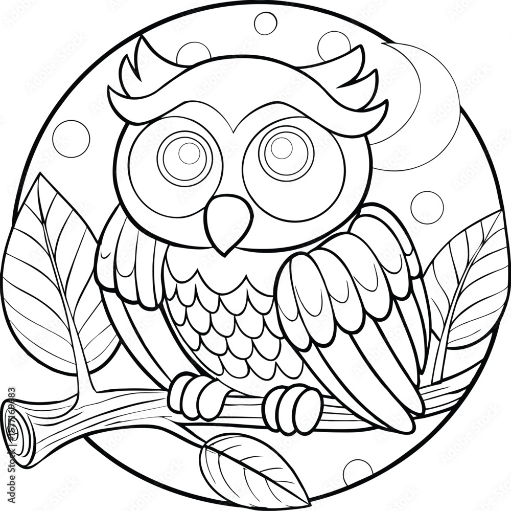 Obraz premium Cute cartoon owl perched on tree branch under full moon Vector illustration