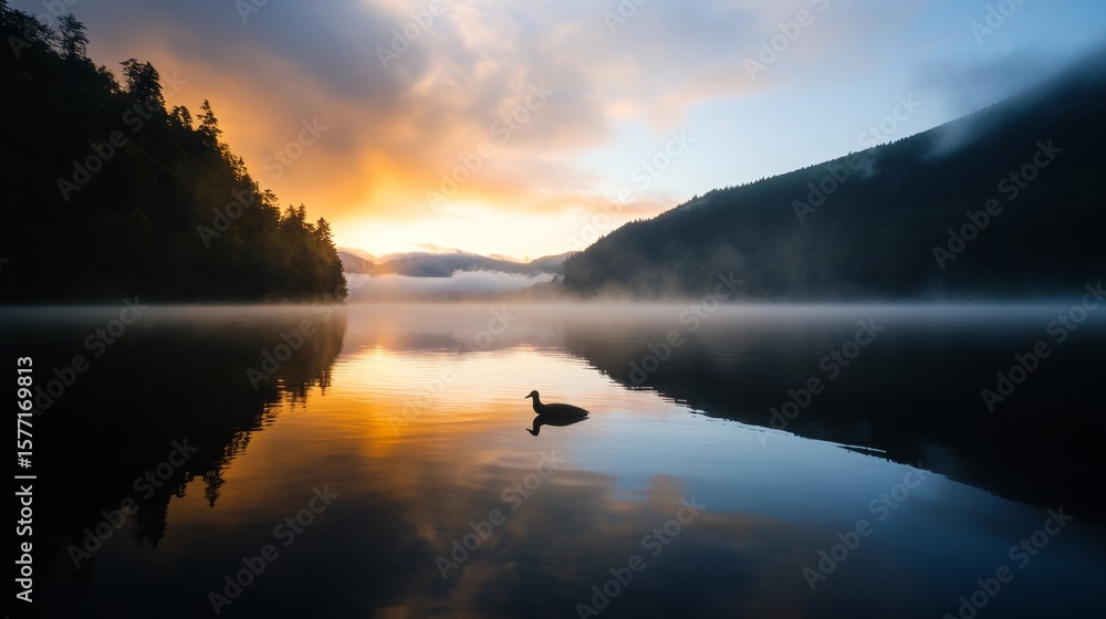 Fototapeta premium early morning lakeside view, mist and reflection, silent and undisturbed